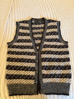 Peter England Striped Knit Button Vest in Gray and Cream
